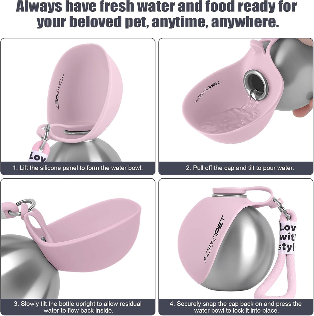 Portable Dog Water Bottle 10Oz Stainless Steel Travel Dog Water Dispenser with Bowl No-Spill Puppy Water Bottle for Walking Hiking Small Dog Water Bottle